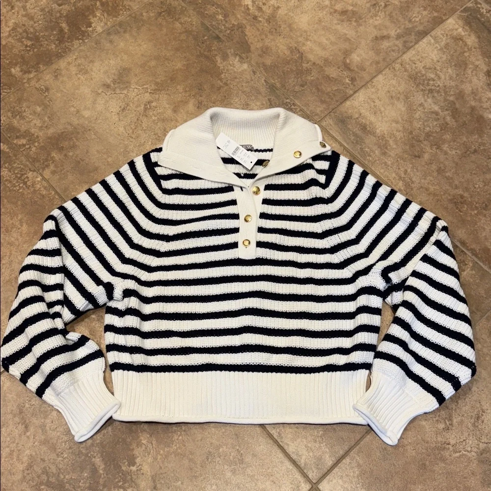 NWT JCrew Ribbed cotton button-collar sweater in stripe—Size Medium - Picture 2 of 4